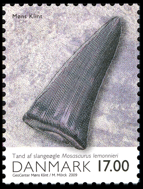 Mosasaur tooth on stamp of Denmark 2009