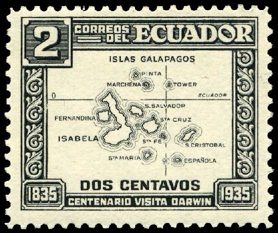 Map the Galapagos Archipelago of on stamp of Ecuador 1936