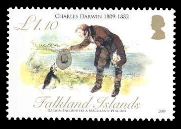 Charles Darwin and penguin on stamp of Falklands island 2009
