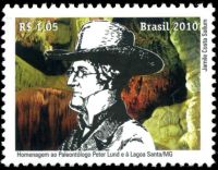 Peter Lund at Lagoa Santa cave on stamp Brazil 2010