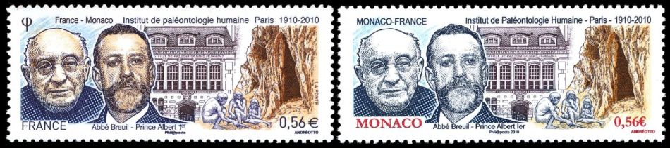 Albert 1, Sovereign Prince of Monaco, and the Abbe Breuil Institut de paleontologie humaine on stamps of France and Monaco 2010