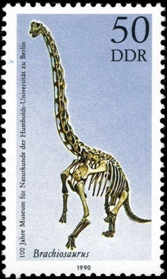 Brachiosaurus skeleton in dinosaur hall of Natural History Museum in Berlin on stamp of East Germany 1990