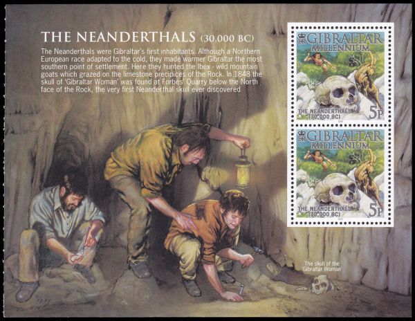 Neanderthal skull discovery on the Mini-Sheet from the Prestige Booklet of Gibraltar 2000
