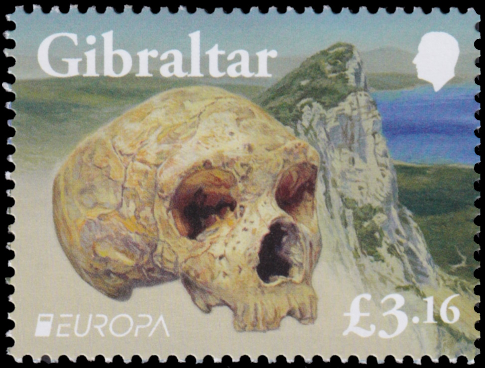 Neandertal skull on stamp of Gibraltar