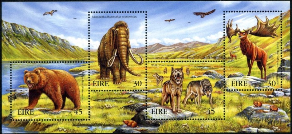 Megaloceros giganteus, Mammuthus primigenius and other prehistoric animals in a  Mini-Sheet of “Extinct Irish animals” from 1999,