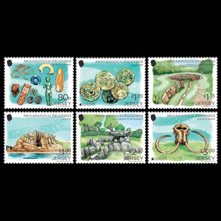 Mammoth skull in between other archeological discoveries of Jersey on stamps 2025