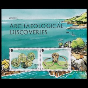 Mammoth skull in between other archeological discoveriess on EUROPA stamps of Jersey 2025