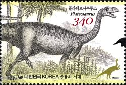 Plateosaurus dinosaur on stamp of South Korea 2010