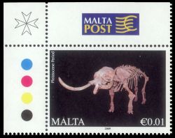 Fossil Elephas falconeri dwarf skeleton on stamp of Malta 2009