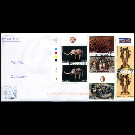 Used cover with Fossil Elephas falconeri dwarf skeleton on stamp of Malta 2011