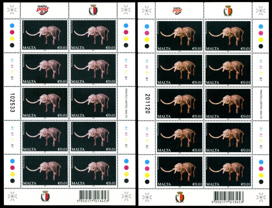 fossil of Elephas falconeri - dwarf elephant on Mini Sheets of Malta 2011 and 2015