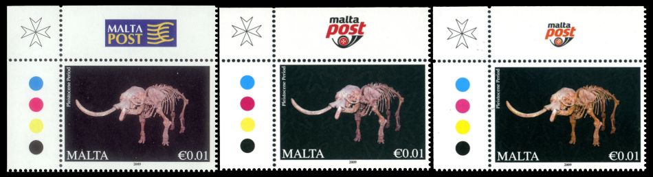 Fossil Elephas falconeri dwarf skeleton on stamp of Malta 2009, 2011, 2015