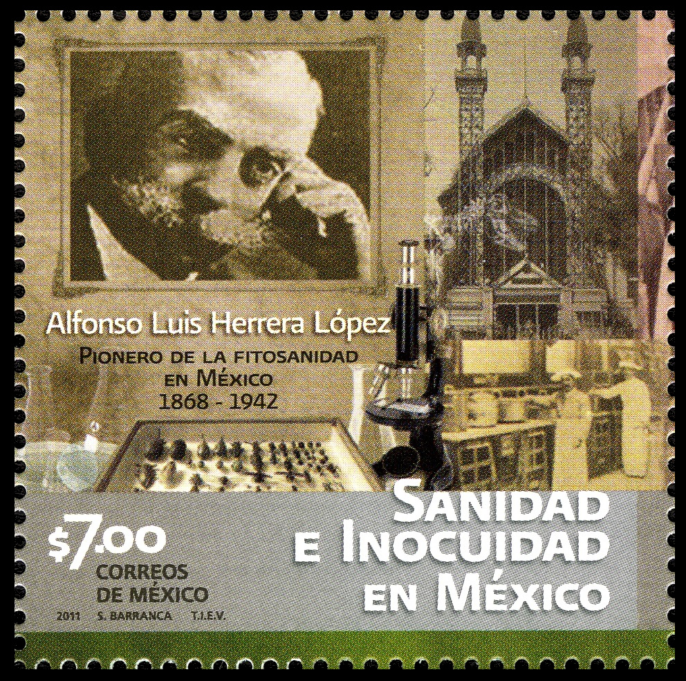 Alfonso Luis Herrera and Dinosaur skeleton on stamp of Mexico 2011