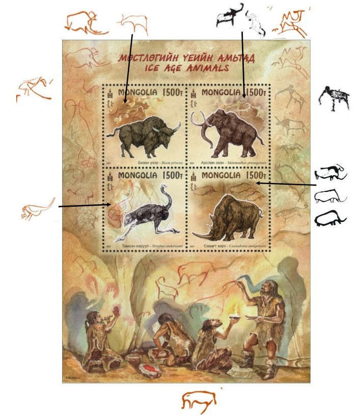 Prehistoric painters on margin of the Mini-Sheet of Mongolia 2023