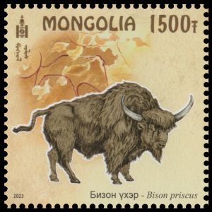 The Steppe Bison, Bison priscus, on stamp of Mongolia 2023