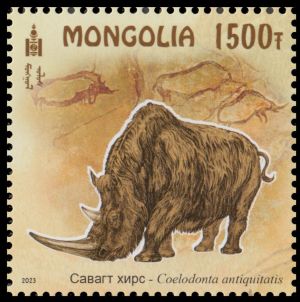 Woolly rhinoceros, Coelodonta antiquitatis, on stamp of Mongolia 2023