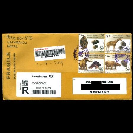 Circulated cover with of prehistoric animals and their fossils stamps of Nepal 2013