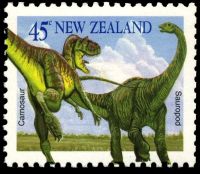 Booklet stamp of New Zealand 1993: Carnosaur attack Sauropod