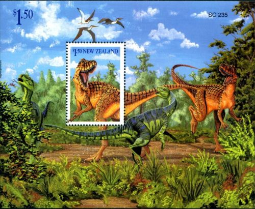 Carnosaurs hunt Hypsilophodonts  on Souvenir-Sheet of New Zealand 1993