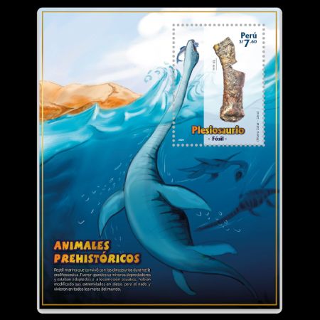 Fossils and reconstruction of prehistoric Plesiosaur on stamp of Peru 2022
