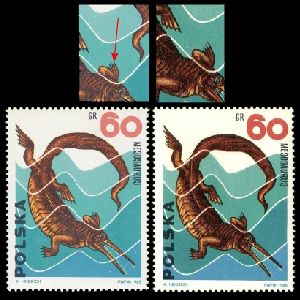 Mesosaurus on stamp of Poland 1965 with production error Mesosaurus on stamp of Poland 1965 with production error