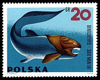 Devonian fish Dinichthys on stamp of Poland 1966