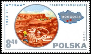 Tarbosaur fossil excavation by Polish and Mongolian paleontologist in the Gobi desert on stamp of Poland 1980