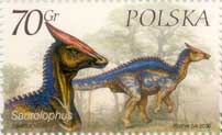 Saurolophus dinosaur on stamp of Poland 2000