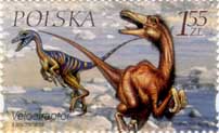Velociraptor dinosaur on stamp of Poland 2000