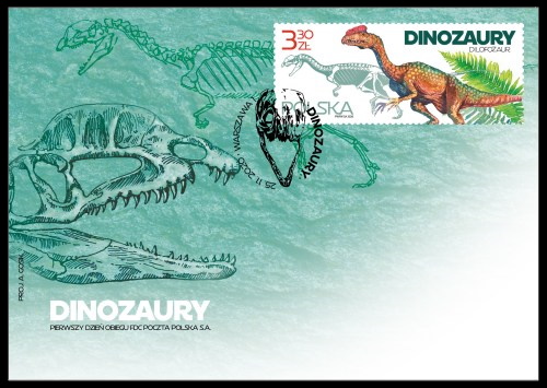 Dilophosaurus dinosaur on stamp of Poland 2020