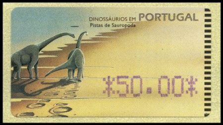 Sauropod dinosaur and its footprint on ATM stamp of Portugal 1999