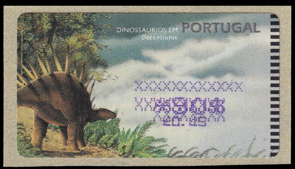 Dinosaurs on strip of AMIEL ATM stamps with test values of Portugal 2000