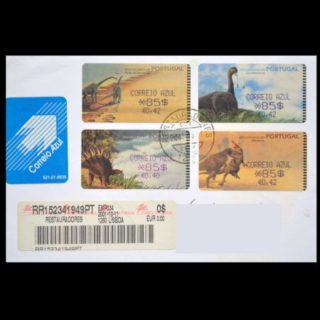 used letters with dinosaur ATM stamps of Portugal 2000