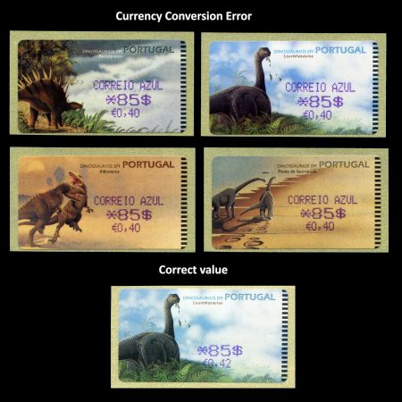 Currency conversion error on dinosaur ATM stamps of Portugal 2000