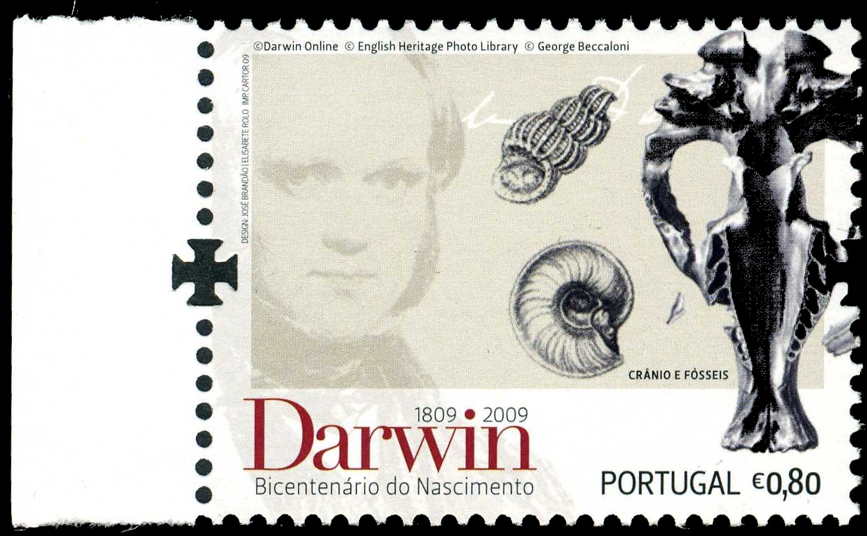 Charles Darwin and Toxodon skull on stamp of Portugal 2009