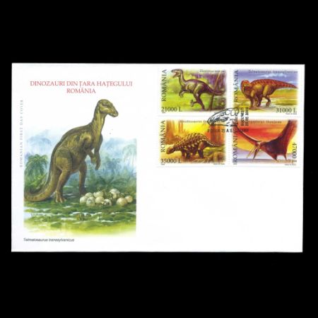 Dinosaurs and other prehistoric animals on FDC of Romania 2005
