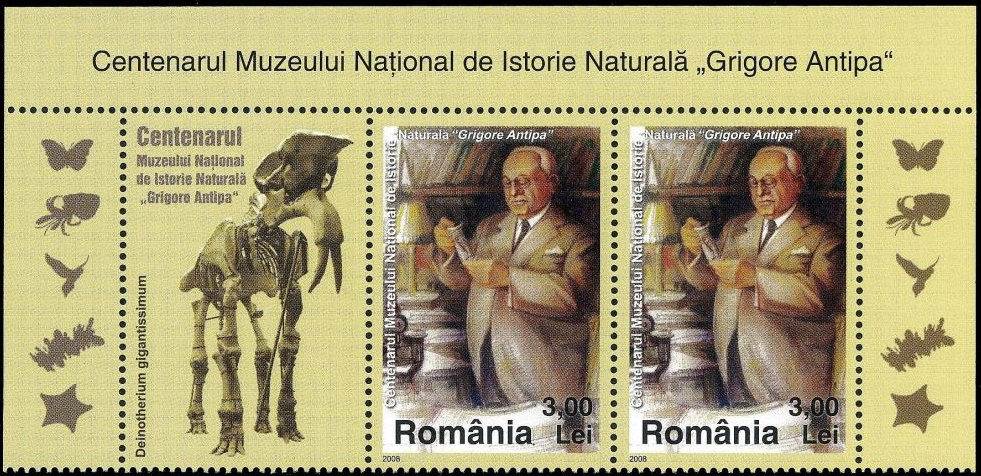 Dinotherium giganteum on tab attached to stamp of Grigore Antipa, Romania 2008