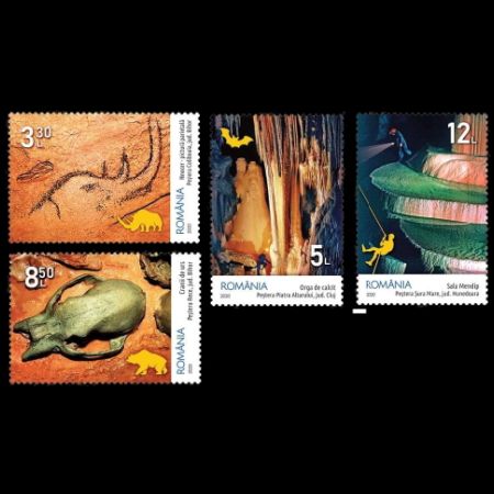 Cave Bear fossil and some cave painting on Speleology stamps of Romania 2020