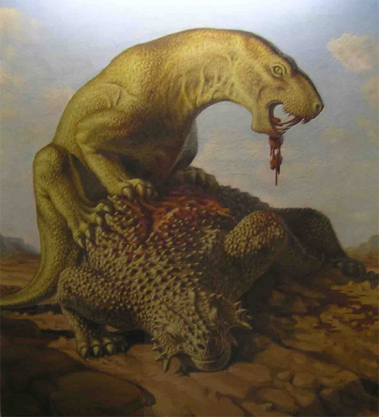 Inostrancevia and Pareiasaurus on illustration of Alexey Petrovich Bystrov (1899—1959)