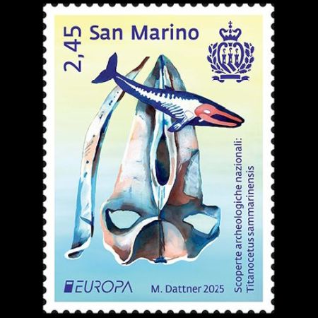Fossils and reconstruction of Titanocetus sammarinensis on stamp of San Marino 2025