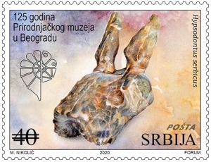 EXTlNCT CROOKED HORNED ANTELOPE Hypsodontus serbicus on stamp of Serbia 2020