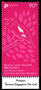 the Black and Yellow Broadbill bird on stamp of Singapore 2015