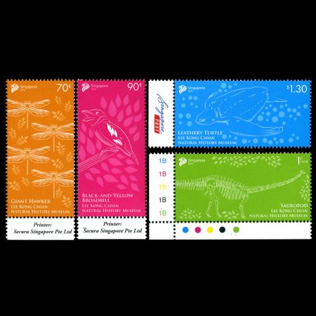 fossil of sauropod dinosaur and other highlight of Lee Kong Chain Natural History Museum on stamps of Singapore 2015