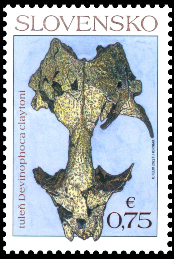 Fossil of seal Devinophoca claytoni on stamp of Slovakia 2022