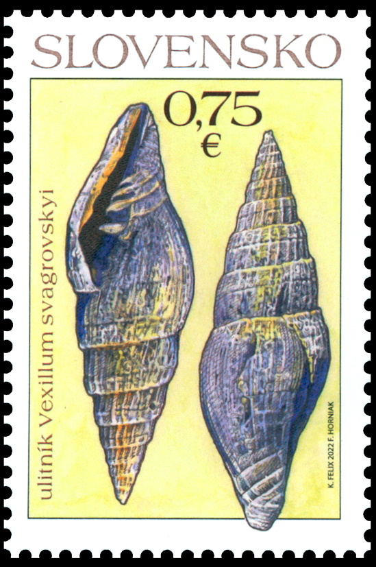 Fossil of gastropod Vexillum svagrovskyi on stamp of Slovakia 2022