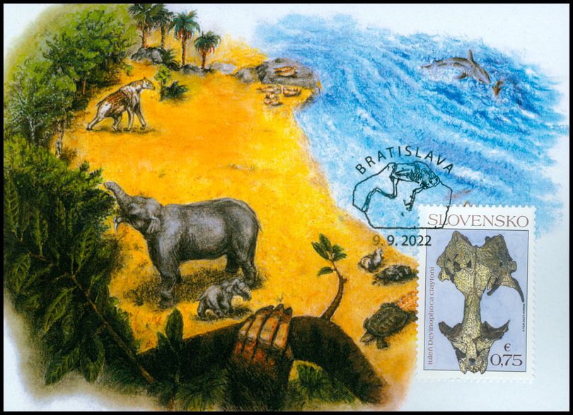 Reconstruction of prehistoric life at Devínska Kobyla hill  on Maxi Card of Slovakia 2022.