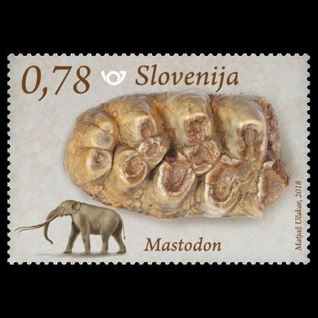 Fossil and reconstruction of Mastodon on stamp of Slovenia 2018