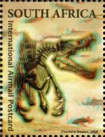 Fosil of Suchomimus dinosaur on 3D stamp of South Africa 2009