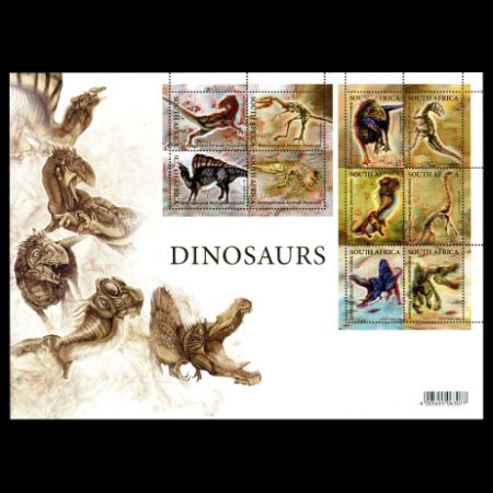 Fossil and reconstruction of dinosaurs on 3D stamps of South Africa 2009