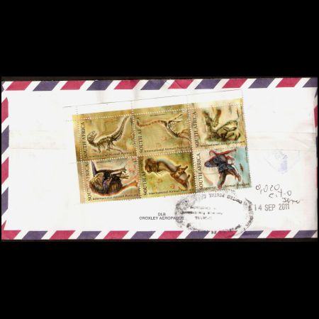 3D fossil and reconstruction of dinosaurs stamps of South Africa 2009 on used cover
